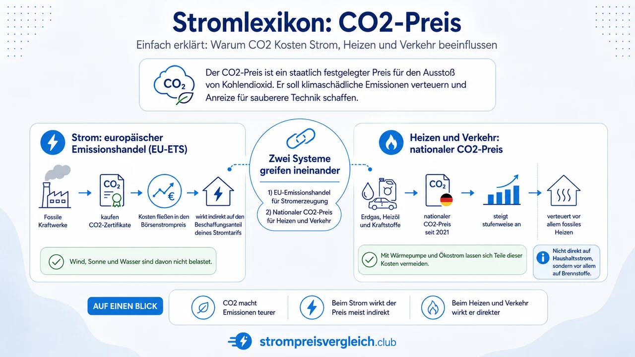 Infografik zum CO2-Preis: Zwei Systeme greifen ineinander. Im europäischen Emissionshandel (EU-ETS) kaufen fossile Kraftwerke CO2-Zertifikate, deren Kosten in den Börsenstrompreis einfließen und indirekt den Beschaffungsanteil des Stromtarifs erhöhen; Strom aus Wind, Sonne und Wasser ist nicht belastet. Der nationale CO2-Preis gilt seit 2021 auf Erdgas, Heizöl und Kraftstoffe, steigt stufenweise und verteuert vor allem fossiles Heizen und den Verkehr, nicht direkt den Haushaltsstrom.