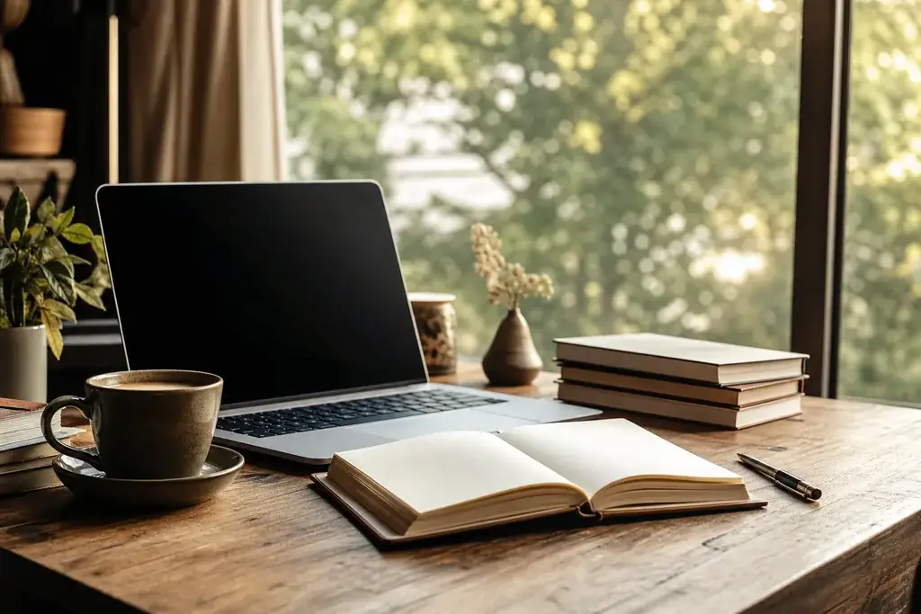 Redaktioneller Schreibtisch am Fenster mit Laptop, offenem Notizbuch, Kaffee und Büchern, Sinnbild für journalistische Arbeit.