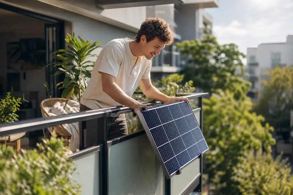 Symbolbild: ein junger Mann montiert ein Balkonkraftwerk mit nach außen zur Sonne zeigenden Solarmodulen an einem Balkongeländer.