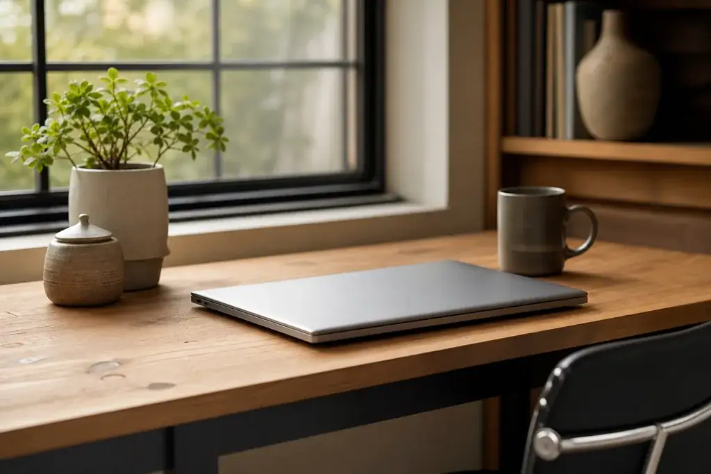 Aufgeräumter Schreibtisch mit geschlossenem Laptop und einer Pflanze am Fenster, Sinnbild für Datenschutz und Vertrauen.