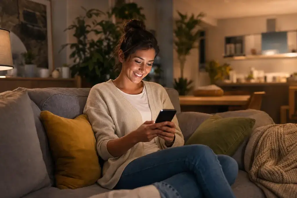 Symbolbild: eine junge Frau steuert abends per Smartphone ihren Stromverbrauch, Sinnbild für dynamische Stromtarife.