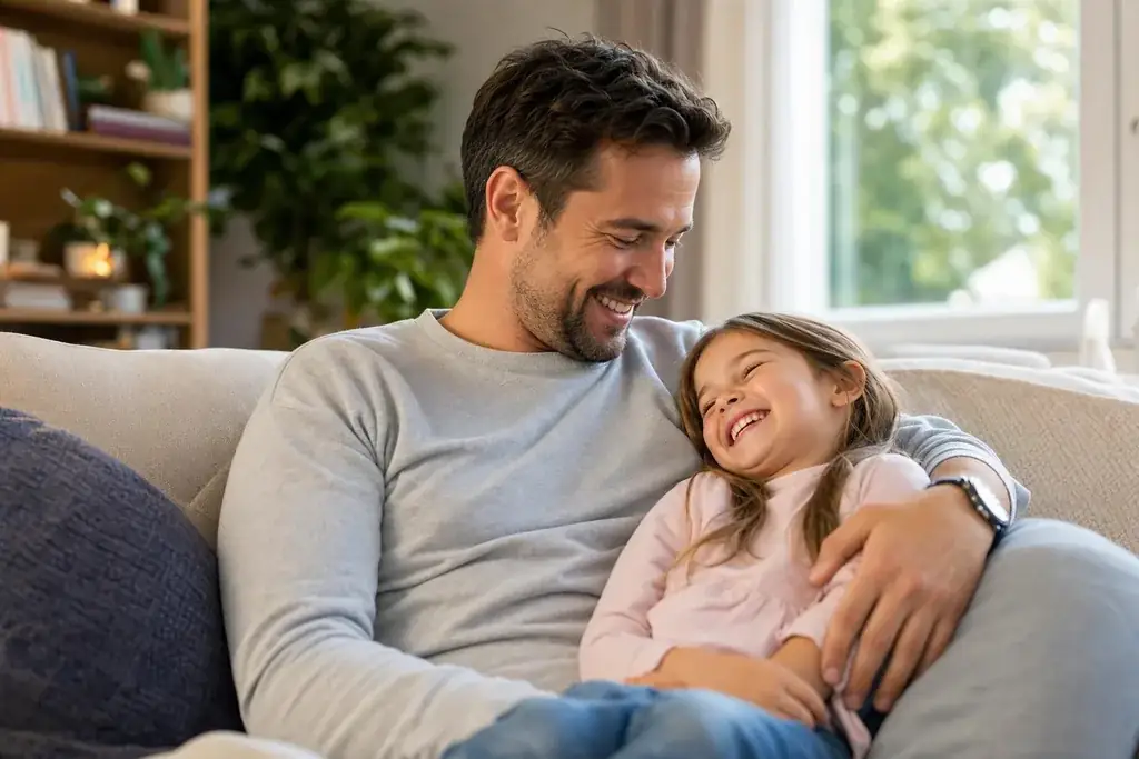 Symbolbild: eine entspannte Familie im hellen Wohnzimmer, Sinnbild für die sichere Grundversorgung mit Strom.