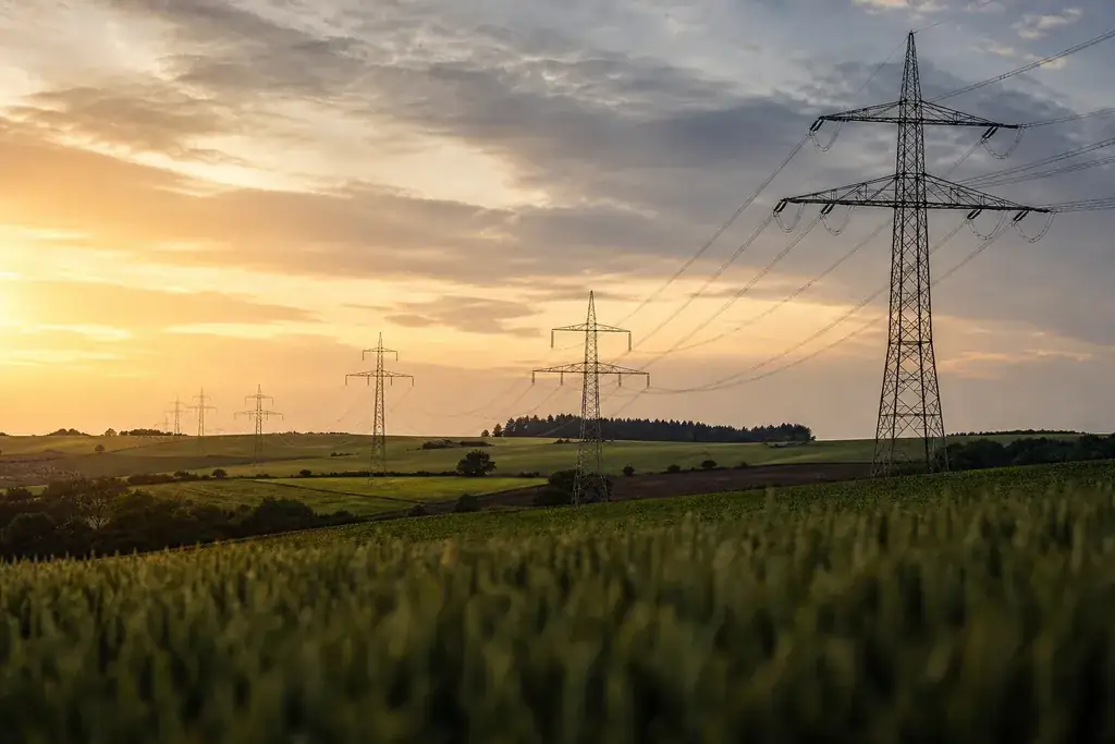 Hochspannungsleitungen und Strommasten ziehen bei goldenem Abendlicht durch eine grüne deutsche Landschaft, Sinnbild für die Stromnetz-Infrastruktur der Netzbetreiber.