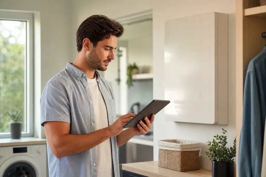 Symbolbild: ein junger Mann prüft die Energiedaten seines Zuhauses auf einem Tablet, Sinnbild für Smart Meter und intelligente Messsysteme.