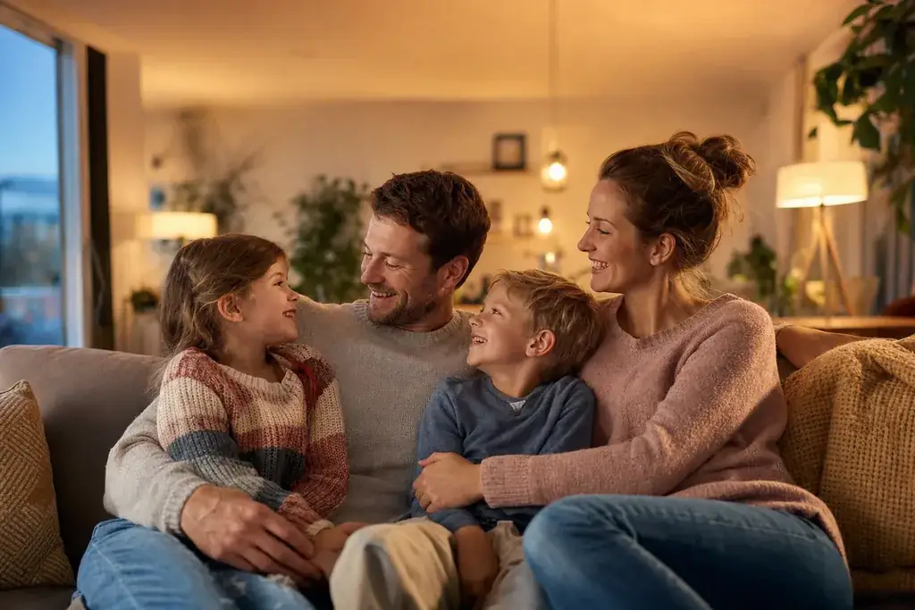 Glückliche Familie am Abend im warm beleuchteten Wohnzimmer, Sinnbild für ein komfortables Zuhause mit fairen Stromkosten.