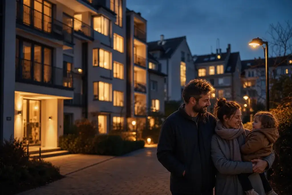 Symbolbild: eine moderne deutsche Wohnstraße in der Abenddämmerung mit warm erleuchteten Fenstern, Sinnbild für mit Strom versorgte Haushalte.