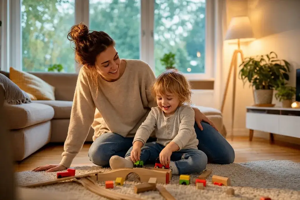 Symbolbild: eine Mutter spielt mit ihrem Kind in einem warm beleuchteten, modernen Wohnzimmer, Sinnbild für ein komfortables Zuhause mit fairen Stromkosten.