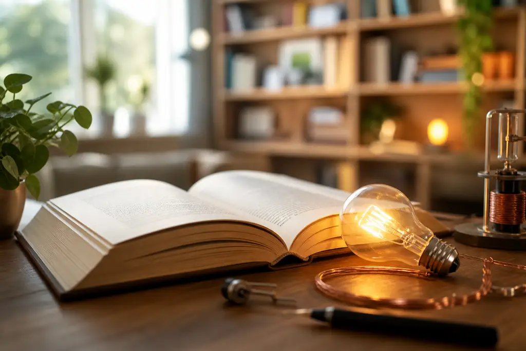 Aufgeschlagenes Buch mit warm leuchtender Glühbirne auf einem Schreibtisch, Sinnbild für verständlich erklärte Strombegriffe.