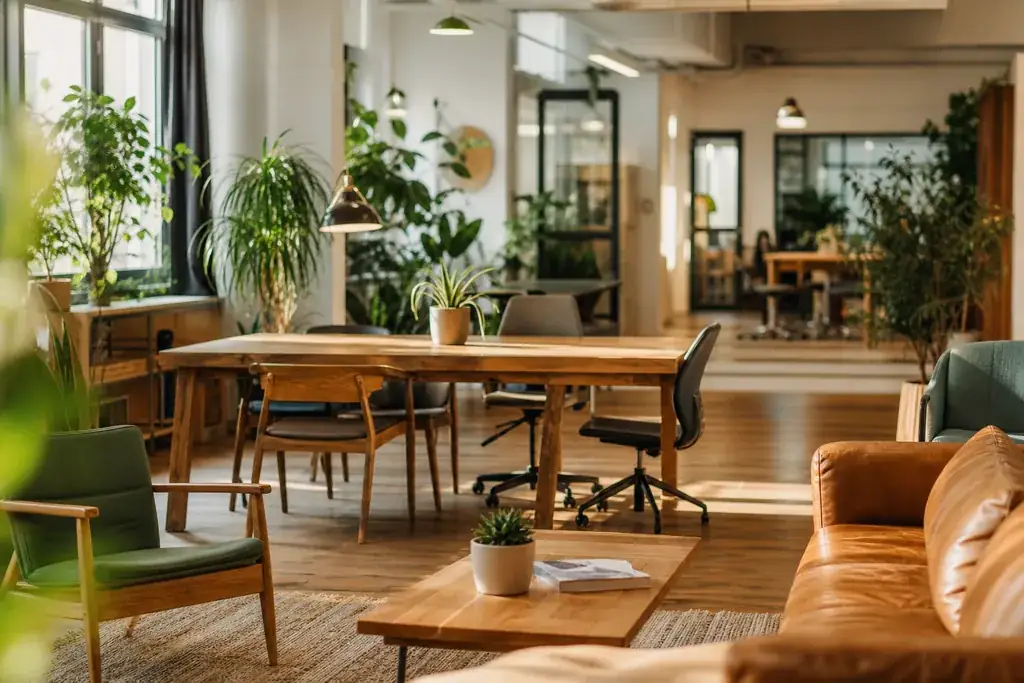 Helles, einladendes modernes Büro mit Holzmöbeln und vielen grünen Pflanzen, Sinnbild für ein nahbares, ehrliches Team.