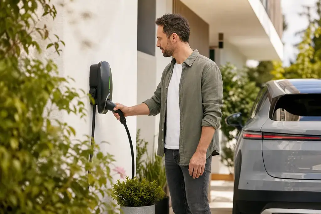 Symbolbild: eine Person lädt ein Elektroauto an einer Wallbox in der Einfahrt eines modernen Hauses.