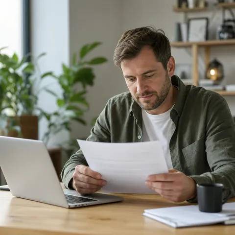 Illustration zum Abschnitt „Wann du tatsächlich sofort profitierst“ im Ratgeber „24-Stunden-Lieferantenwechsel: Das gilt seit 2025“: eine Person prüft am Laptop einen Stromvertrag am Schreibtisch.