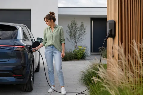Symbolbild zum Ratgeber „Autostromtarife: günstiger Strom fürs E-Auto“: ein Elektroauto lädt an einer Wallbox in einer modernen Einfahrt.