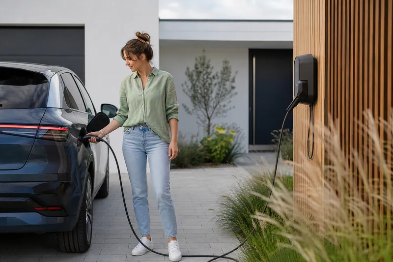 Symbolbild zum Ratgeber „Autostromtarife: günstiger Strom fürs E-Auto“: ein Elektroauto lädt an einer Wallbox in einer modernen Einfahrt.