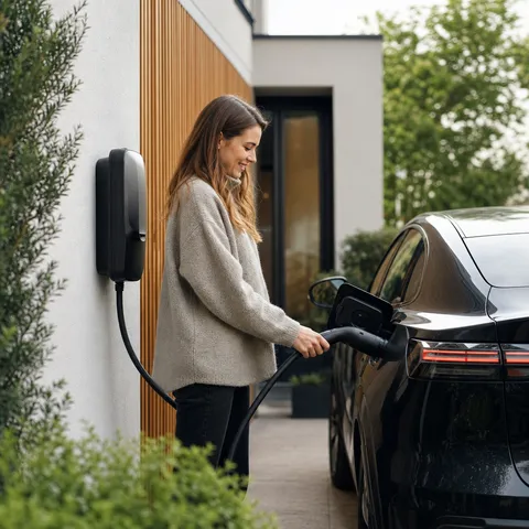 Illustration zum Abschnitt „Drei Stellschrauben fürs günstige Laden“ im Ratgeber „Autostromtarife: günstiger Strom fürs E-Auto“: ein Elektroauto lädt an einer Wallbox in einer modernen Einfahrt.