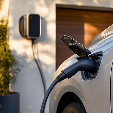 Illustration zum Abschnitt „Was ein Autostromtarif ist“ im Ratgeber „Autostromtarife: günstiger Strom fürs E-Auto“: ein Elektroauto lädt an einer Wallbox in einer modernen Einfahrt.