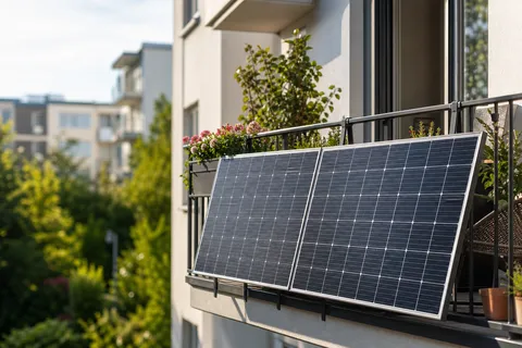 Symbolbild zum Ratgeber „Balkonkraftwerk: 800 Watt oder mehr? Grenzen erklärt“: ein Balkonkraftwerk mit Solarmodulen am Balkongeländer eines Wohnhauses.