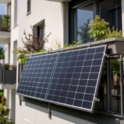 Illustration zum Abschnitt „Warum Überbelegung sinnvoll ist“ im Ratgeber „Balkonkraftwerk: 800 Watt oder mehr? Grenzen erklärt“: ein Balkonkraftwerk mit Solarmodulen am Balkongeländer eines Wohnhauses.