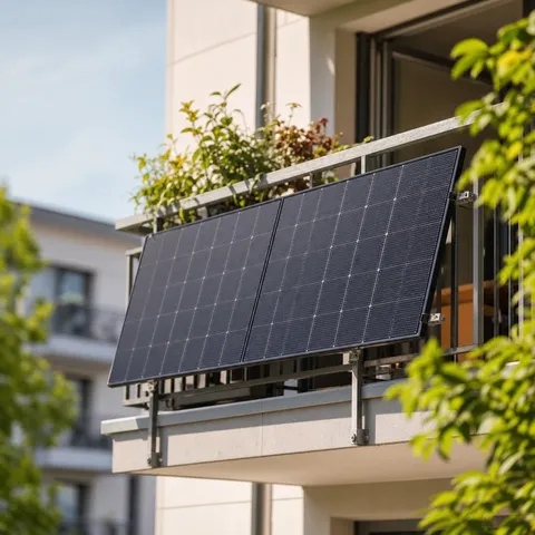 Illustration zum Abschnitt „Zwei Grenzen, zwei Bauteile“ im Ratgeber „Balkonkraftwerk: 800 Watt oder mehr? Grenzen erklärt“: ein Balkonkraftwerk mit Solarmodulen am Balkongeländer eines Wohnhauses.