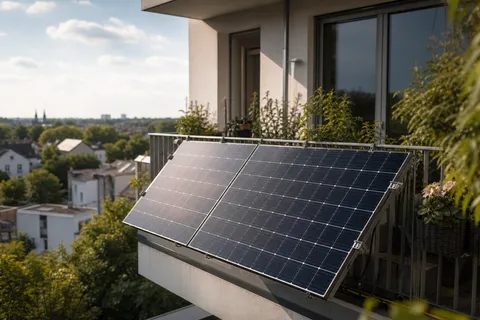 Symbolbild zum Ratgeber „Balkonkraftwerk anmelden: Schritt für Schritt im MaStR“: ein Balkonkraftwerk mit Solarmodulen am Balkongeländer eines Wohnhauses.