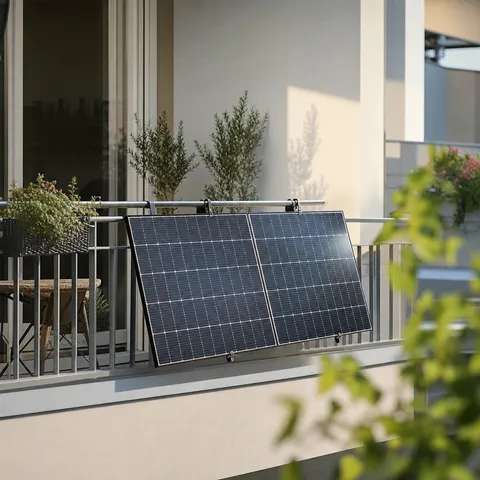 Illustration zum Abschnitt „Schritt für Schritt durch das MaStR“ im Ratgeber „Balkonkraftwerk anmelden: Schritt für Schritt im MaStR“: ein Balkonkraftwerk mit Solarmodulen am Balkongeländer eines Wohnhauses.