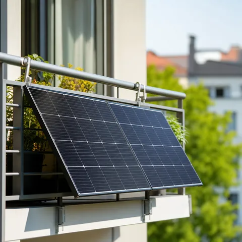 Illustration zum Abschnitt „Warum die Anmeldung heute so einfach ist“ im Ratgeber „Balkonkraftwerk anmelden: Schritt für Schritt im MaStR“: ein Balkonkraftwerk mit Solarmodulen am Balkongeländer eines Wohnhauses.