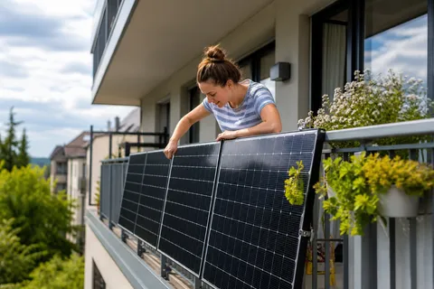 Symbolbild zum Ratgeber „Balkonkraftwerk-Förderung nach Bundesland finden“: ein Balkonkraftwerk mit Solarmodulen am Balkongeländer eines Wohnhauses.