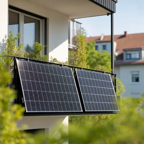 Illustration zum Abschnitt „Typische Bedingungen von Förderprogrammen“ im Ratgeber „Balkonkraftwerk-Förderung nach Bundesland finden“: ein Balkonkraftwerk mit Solarmodulen am Balkongeländer eines Wohnhauses.