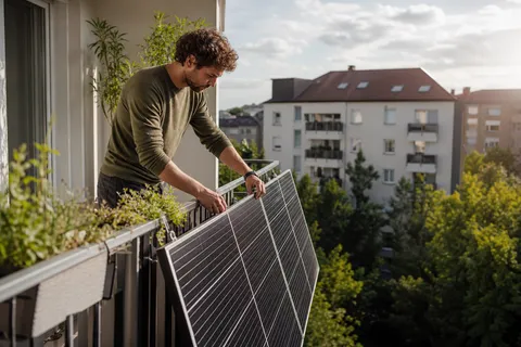Symbolbild zum Ratgeber „Balkonkraftwerk als Mieter: Rechte und Zustimmung“: ein Balkonkraftwerk mit Solarmodulen am Balkongeländer eines Wohnhauses.