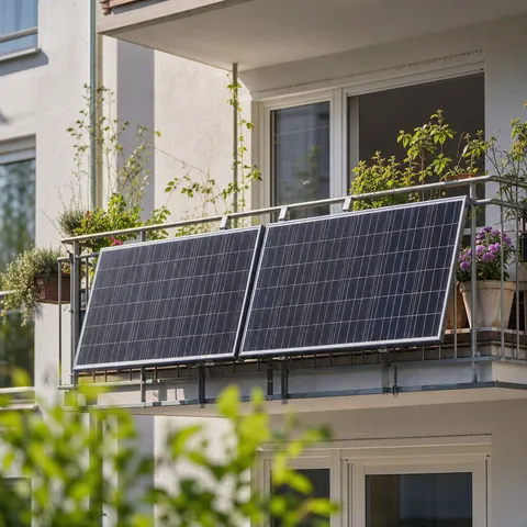 Illustration zum Abschnitt „Die Rechtslage hat sich klar verbessert“ im Ratgeber „Balkonkraftwerk als Mieter: Rechte und Zustimmung“: ein Balkonkraftwerk mit Solarmodulen am Balkongeländer eines Wohnhauses.