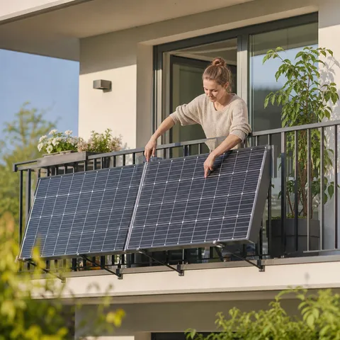 Illustration zum Abschnitt „Mitbestimmung bei der Ausführung“ im Ratgeber „Balkonkraftwerk als Mieter: Rechte und Zustimmung“: ein Balkonkraftwerk mit Solarmodulen am Balkongeländer eines Wohnhauses.