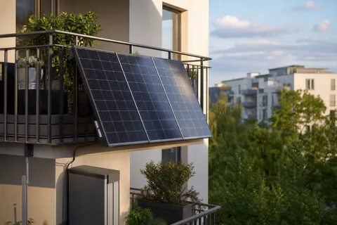 Symbolbild zum Ratgeber „Balkonkraftwerk mit Speicher: Wann es sich lohnt“: ein Balkonkraftwerk mit Solarmodulen am Balkongeländer eines Wohnhauses.