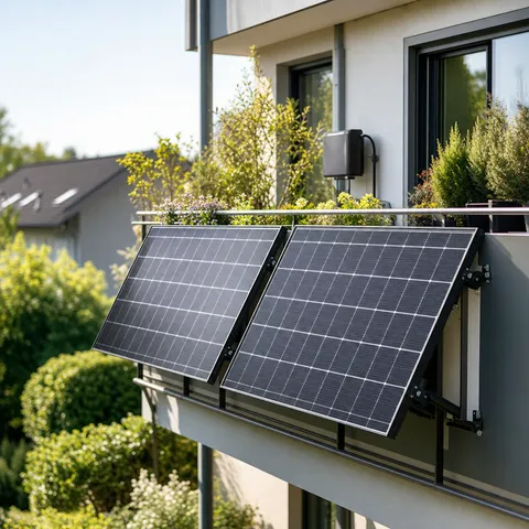 Illustration zum Abschnitt „Eigenverbrauchsquote erhöhen“ im Ratgeber „Balkonkraftwerk mit Speicher: Wann es sich lohnt“: ein Balkonkraftwerk mit Solarmodulen am Balkongeländer eines Wohnhauses.
