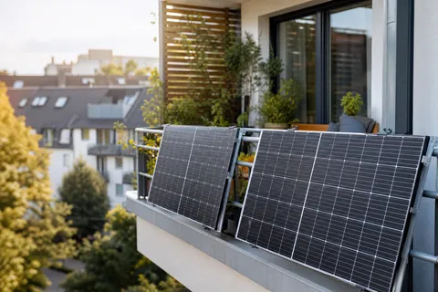 Symbolbild zum Ratgeber „Balkonkraftwerk: Welcher Zähler ist Pflicht?“: ein Balkonkraftwerk mit Solarmodulen am Balkongeländer eines Wohnhauses.