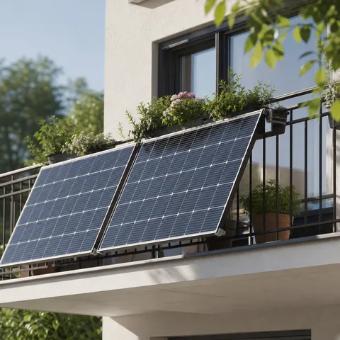 Illustration zum Abschnitt „Rückwärtsdrehender Zähler: was gilt“ im Ratgeber „Balkonkraftwerk: Welcher Zähler ist Pflicht?“: ein Balkonkraftwerk mit Solarmodulen am Balkongeländer eines Wohnhauses.