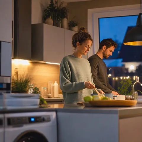 Illustration zum Abschnitt „Gesetzliche Grundlage: § 41a EnWG“ im Ratgeber „Dynamische Stromtarife 2026: Diese Anbieter haben sie im Angebot“: eine moderne Küche am Abend mit smarten Haushaltsgeräten.