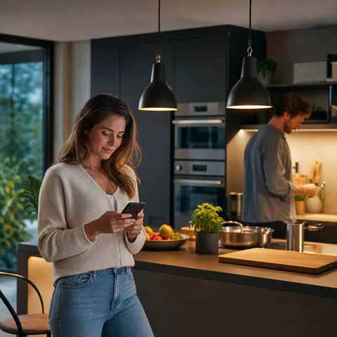 Illustration zum Abschnitt „Spezialisierte Anbieter“ im Ratgeber „Dynamische Stromtarife 2026: Diese Anbieter haben sie im Angebot“: eine moderne Küche am Abend mit smarten Haushaltsgeräten.
