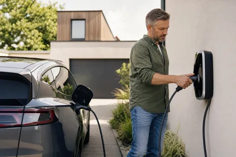 Symbolbild zum Ratgeber „Für wen sich ein dynamischer Stromtarif eignet“: ein Elektroauto lädt an einer Wallbox in einer modernen Einfahrt.