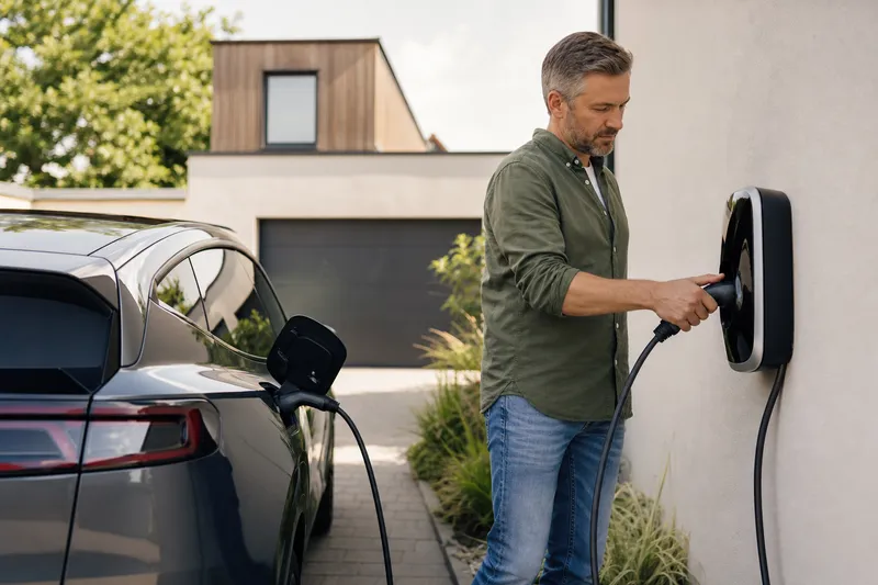Symbolbild zum Ratgeber „Für wen sich ein dynamischer Stromtarif eignet“: ein Elektroauto lädt an einer Wallbox in einer modernen Einfahrt.