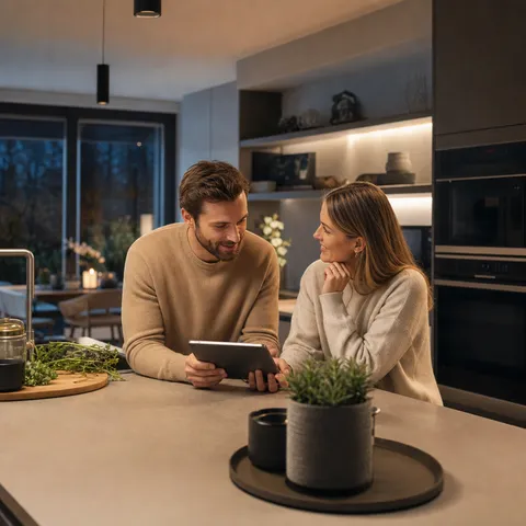 Illustration zum Abschnitt „Die Frage ist nicht ob, sondern für wen“ im Ratgeber „Für wen sich ein dynamischer Stromtarif eignet“: eine moderne Küche am Abend mit smarten Haushaltsgeräten.