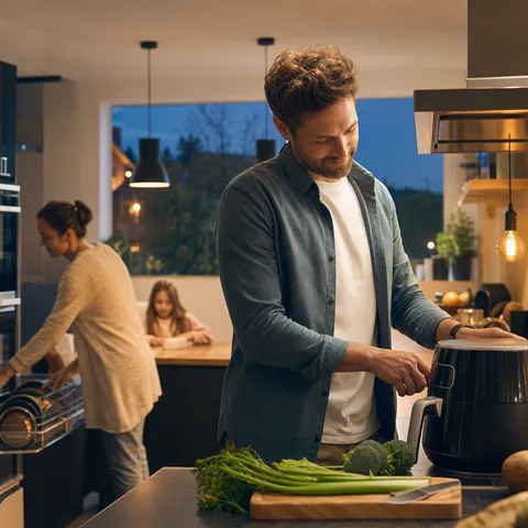 Illustration zum Abschnitt „Eignungsprofile im Überblick“ im Ratgeber „Für wen sich ein dynamischer Stromtarif eignet“: eine moderne Küche am Abend mit smarten Haushaltsgeräten.