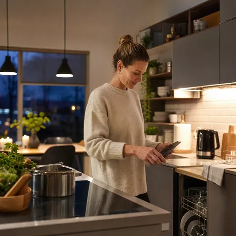 Illustration zum Abschnitt „Drei Begriffe, die ständig verwechselt werden“ im Ratgeber „Dynamischer, zeitvariabler und variabler Tarif im Vergleich“: eine moderne Küche am Abend mit smarten Haushaltsgeräten.