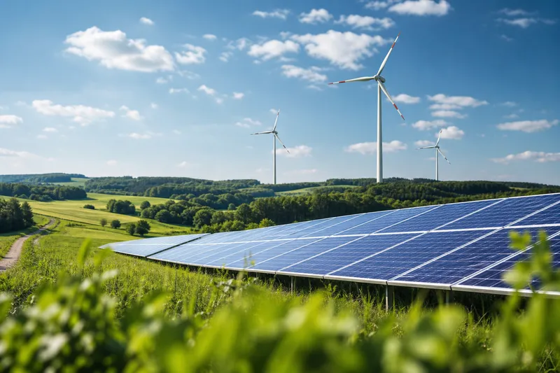 Symbolbild zum Ratgeber „Echter Ökostrom: Worauf du beim Tarif achtest“: Windräder und Solaranlagen in einer grünen Landschaft.