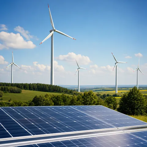 Illustration zum Abschnitt „Ökologie und Preis getrennt bewerten“ im Ratgeber „Echter Ökostrom: Worauf du beim Tarif achtest“: Windräder und Solaranlagen in einer grünen Landschaft.