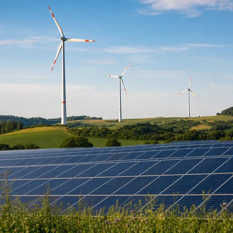 Illustration zum Abschnitt „Warum „Ökostrom" allein nichts beweist“ im Ratgeber „Echter Ökostrom: Worauf du beim Tarif achtest“: Windräder und Solaranlagen in einer grünen Landschaft.
