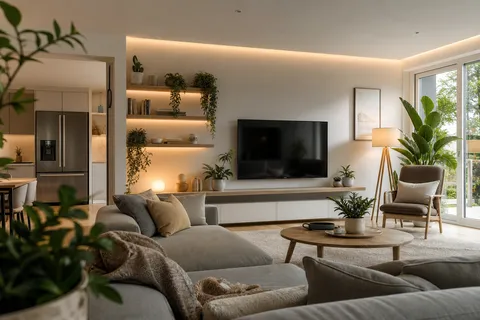 Symbolbild zum Ratgeber „Energiesparende Einrichtung: Darauf solltest du achten“: ein energieeffizientes Wohnzimmer mit LED-Beleuchtung.