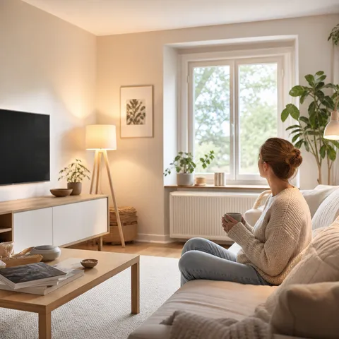Illustration zum Abschnitt „Die richtige Größe statt der größten“ im Ratgeber „Energiesparende Einrichtung: Darauf solltest du achten“: ein energieeffizientes Wohnzimmer mit LED-Beleuchtung.