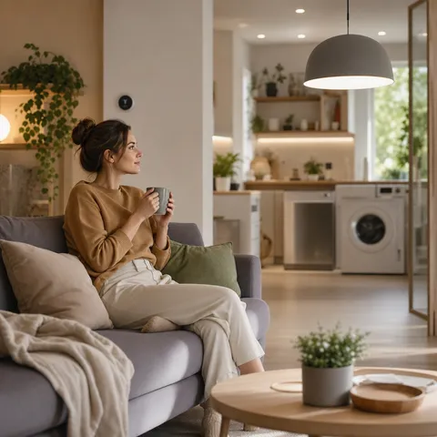 Illustration zum Abschnitt „Sparen beginnt beim Einkauf“ im Ratgeber „Energiesparende Einrichtung: Darauf solltest du achten“: ein energieeffizientes Wohnzimmer mit LED-Beleuchtung.