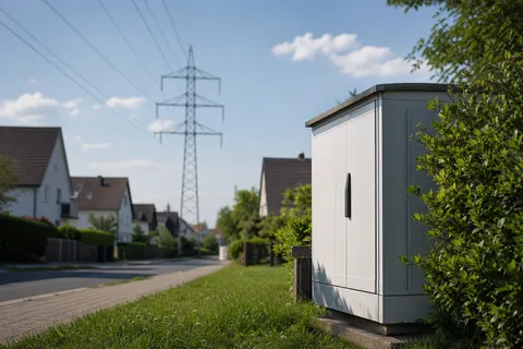 Symbolbild zum Ratgeber „Ersatzversorgung: Auffangnetz für max. drei Monate“: ein Wohnviertel mit Stromleitungen und einem Verteilerkasten.