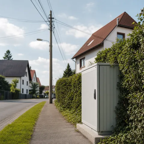 Illustration zum Abschnitt „Die Drei-Monats-Grenze“ im Ratgeber „Ersatzversorgung: Auffangnetz für max. drei Monate“: ein Wohnviertel mit Stromleitungen und einem Verteilerkasten.