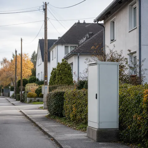Illustration zum Abschnitt „Was die Ersatzversorgung ist“ im Ratgeber „Ersatzversorgung: Auffangnetz für max. drei Monate“: ein Wohnviertel mit Stromleitungen und einem Verteilerkasten.